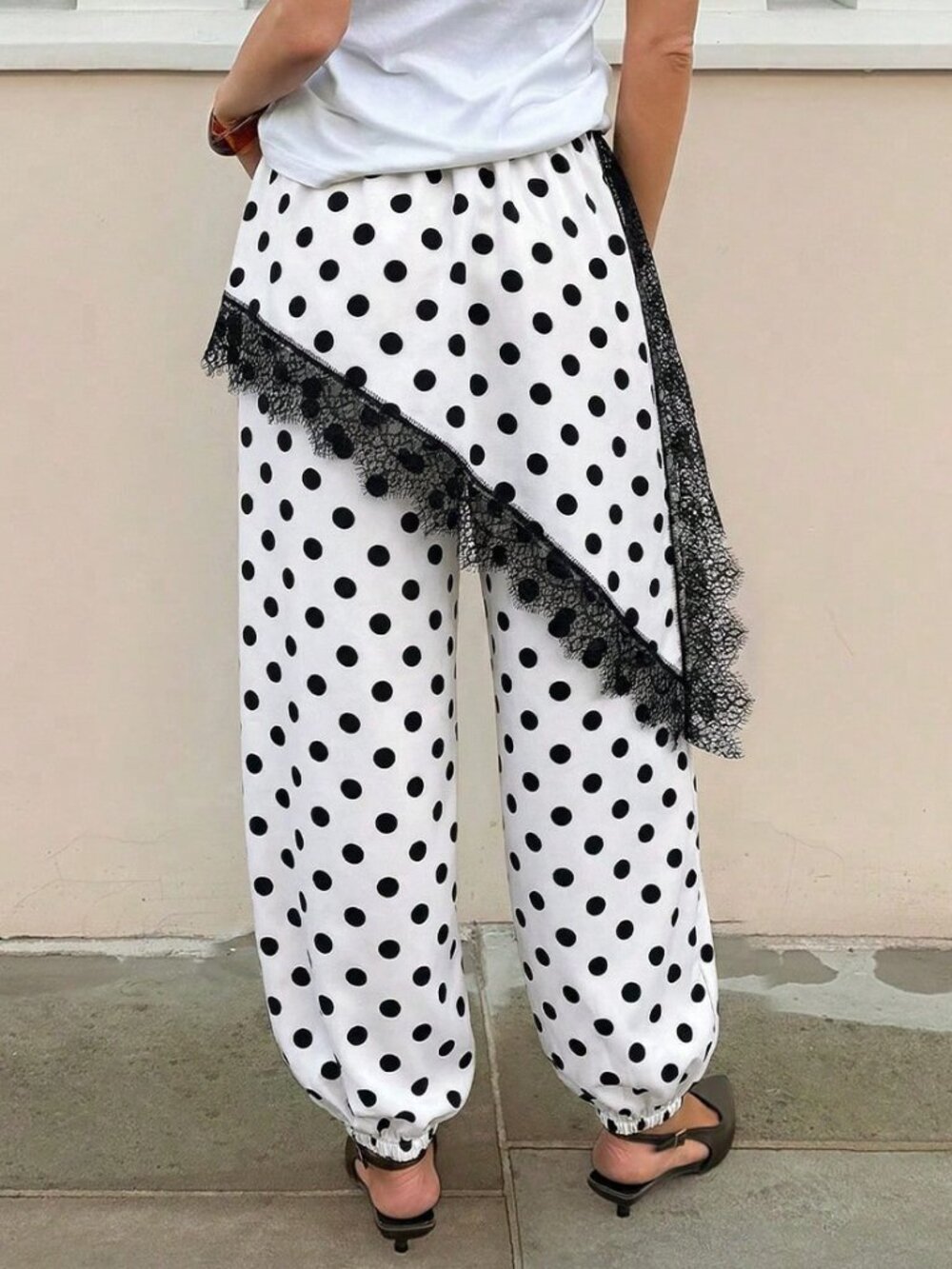 White Casual Women's Polka Dot Lace Elastic Waist Pants - Picture 2 of 5